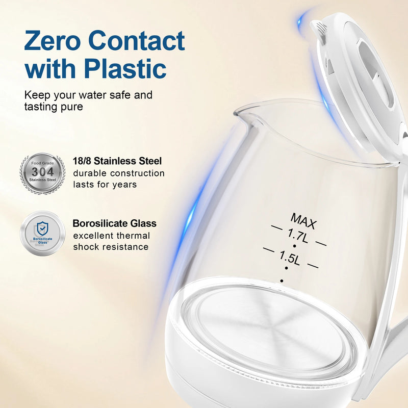 Electric Tea Kettle - CACHOO 1.7L Borosilicate Glass Electric Kettle with LED Indicator, Fast Boiling Hot Water Boiler