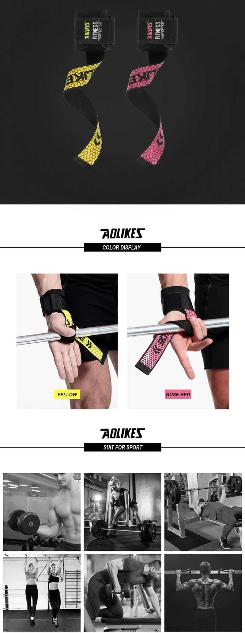 AOLIKES Weightlifting Wrist Straps Strength Training Adjustable Non-slip Gym Fitness Lifting Strap Wrist Support Grip Band