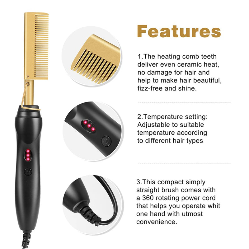 2 in1 Hot Comb Hair Straightener Electric Heating Comb Fast Heating Portable Travel Anti-Scald Beard Straightener Press Comb