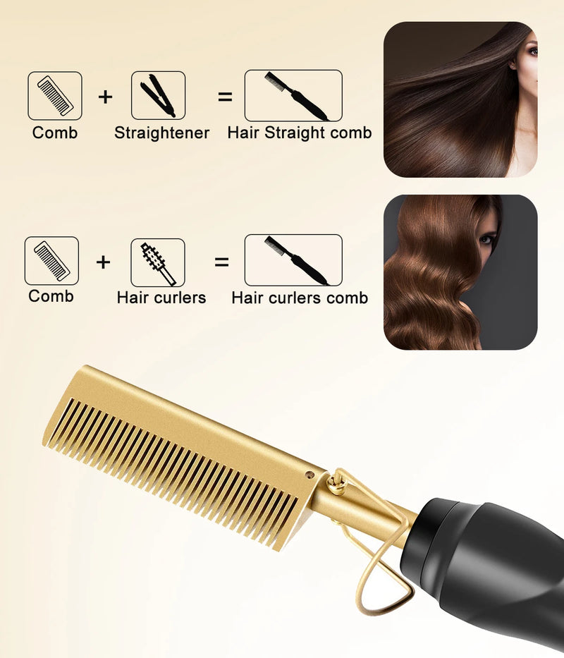 2 in1 Hot Comb Hair Straightener Electric Heating Comb Fast Heating Portable Travel Anti-Scald Beard Straightener Press Comb