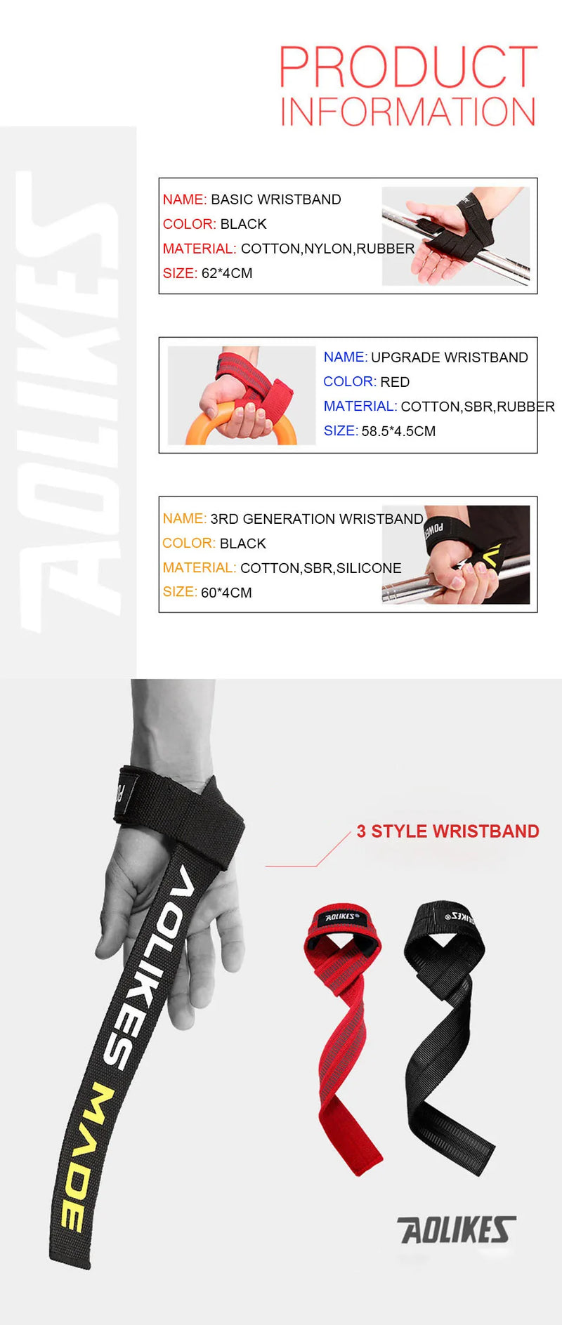AOLIKES Weightlifting Wrist Straps Strength Training Adjustable Non-slip Gym Fitness Lifting Strap Wrist Support Grip Band