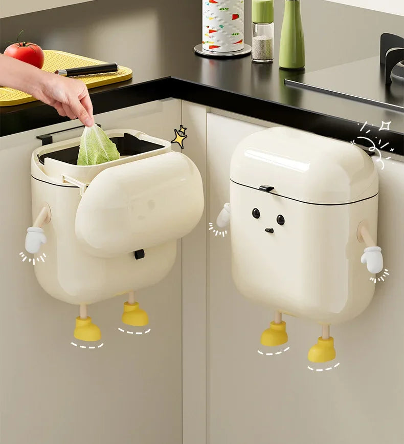 9L/12L Cartoon Hanging Trash Can With Lid Large Capacity No-Drill Wall Mounted Waste Bin Kitchen Bathroom Plastic Includes Hooks