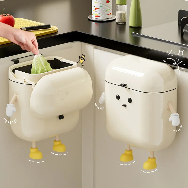 9L/12L Cartoon Hanging Trash Can With Lid Large Capacity No-Drill Wall Mounted Waste Bin Kitchen Bathroom Plastic Includes Hooks