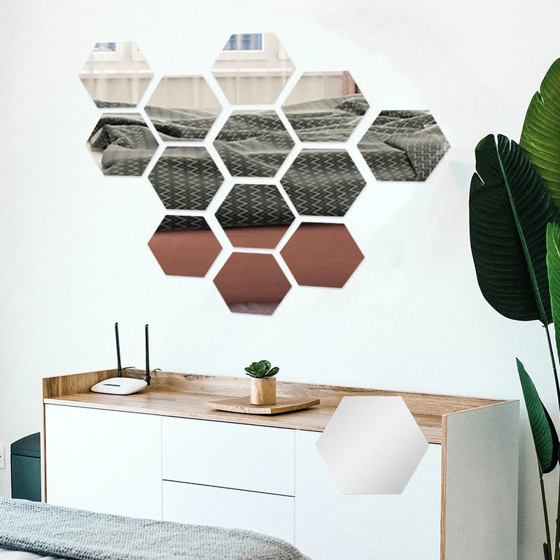 24/6Pc 3D Mini Mirror Wall Stickers Acrylic Self Adhesive Removable Hexagon Wall Decals Living Room Bedroom Art Mirror Ornaments