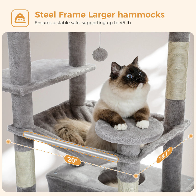 184cm Large Cat Tree and Tower for Indoor Cats With Sisal-Covered Scratching Posts Spacious Hammock Padded Perches and Condos