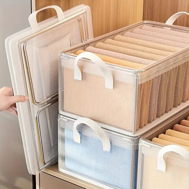 8PCS Storage Box Transparent Foldable Stackable Organizers with Steel Frames and Reinforced Handles for Clothes Books Sundries