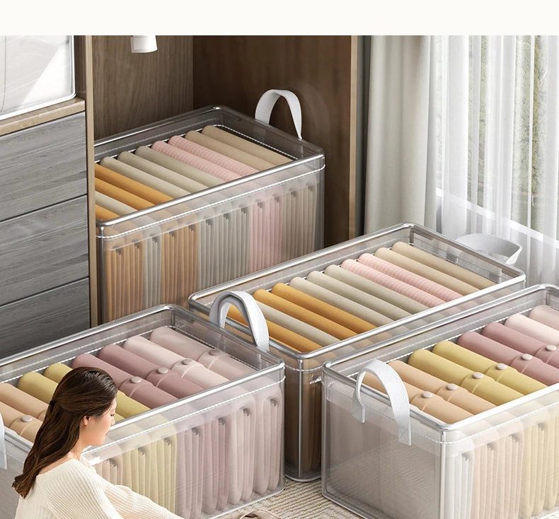 8PCS Storage Box Transparent Foldable Stackable Organizers with Steel Frames and Reinforced Handles for Clothes Books Sundries