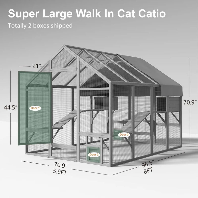 Cat Catio, Large Catio Outdoor Cat Enclosure for Multiple Cats with 7 Platforms, 2 Resting Box and 2 Bridges, Wooden