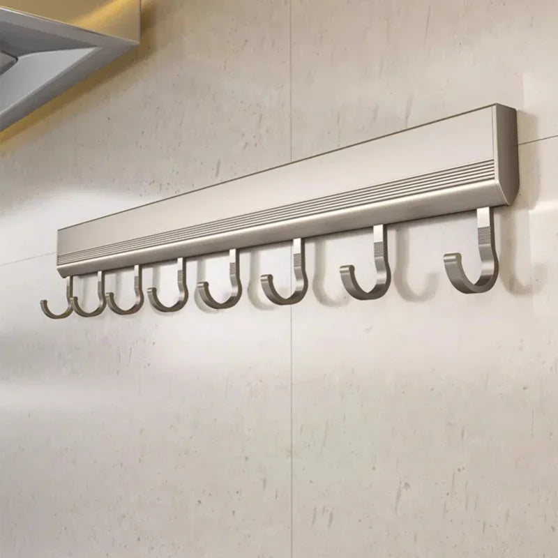 Aluminum Alloy Hooks Rack Wall Mounted Drill-Free Kitchen Utensils Storage Row Hook Holder Bathroom Robe Towel Coat Hangers