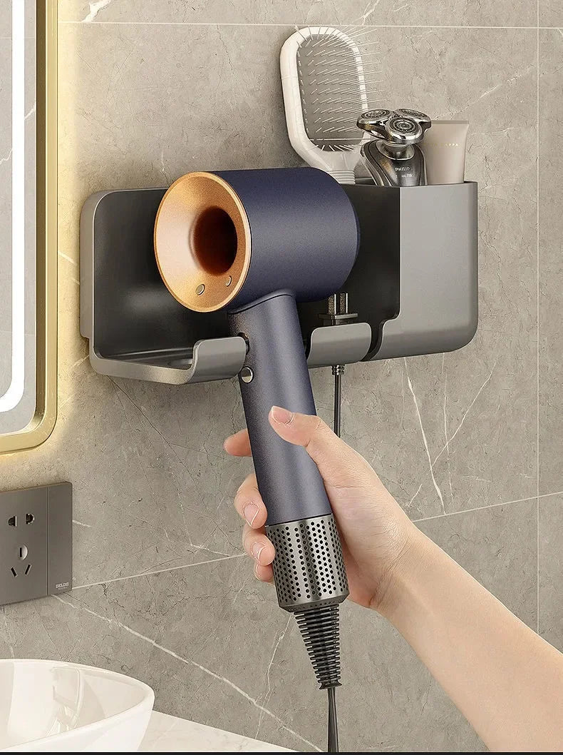 1 Wall Mounted Hair Dryer Bracket Bathroom Shelves Punch-free Drilling Storage Rack Space Saving Care Tools No Punching Air Duct