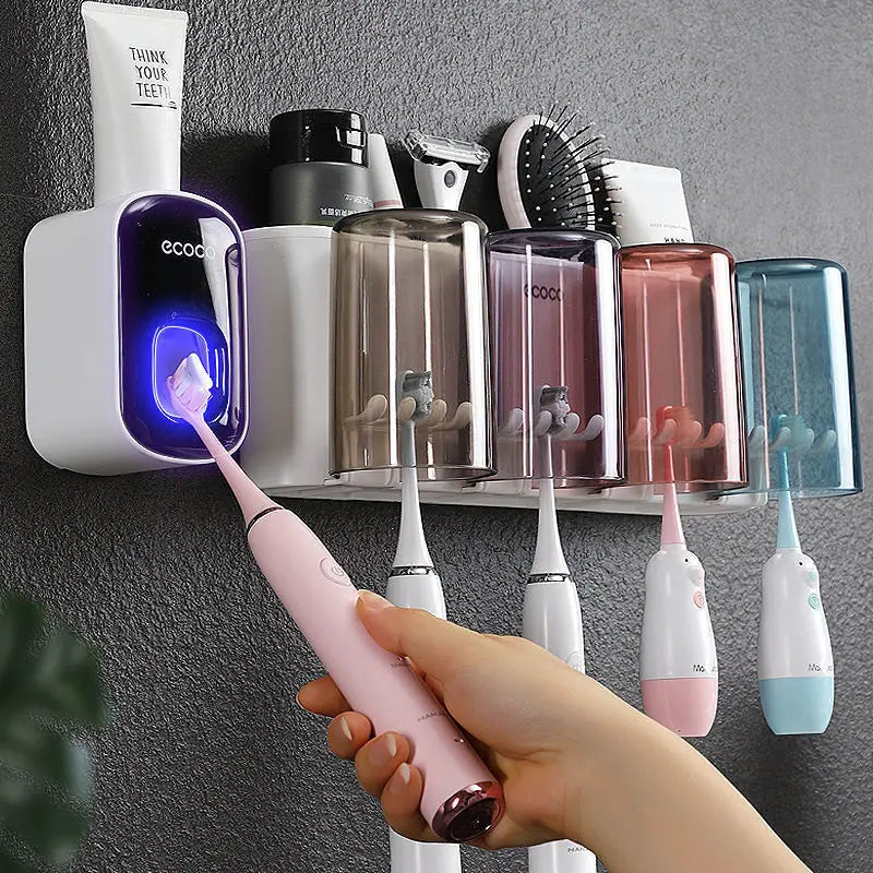 ECOCO Bathroom Toothbrush Holder Organizer with Cup Toothpaste Squeezer Dispenser Wall Storage Rack Bathroom Accessories Shelf