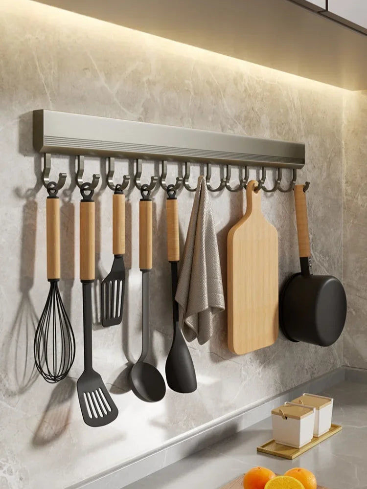 Aluminum Alloy Hooks Rack Wall Mounted Drill-Free Kitchen Utensils Storage Row Hook Holder Bathroom Robe Towel Coat Hangers