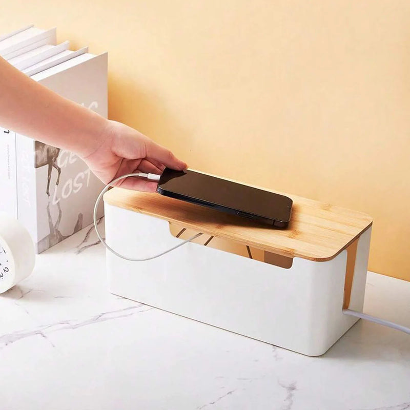 Cable Management Box with Bamboo Lid for Extension Cord Power Stripe Surge Protector Wire Concealer Organizer Cover Hider