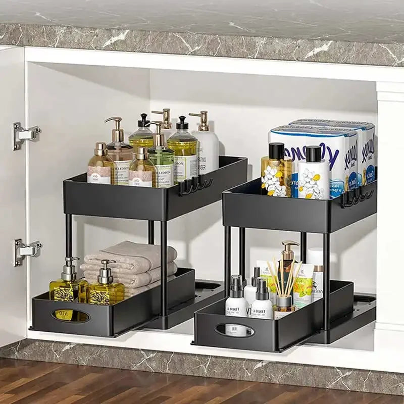 2Packs Under Sink Organizer Sliding Cabinet Basket Organizer Storage Rack with Hooks Hanging Cup Bathroom Kitchen Organizer