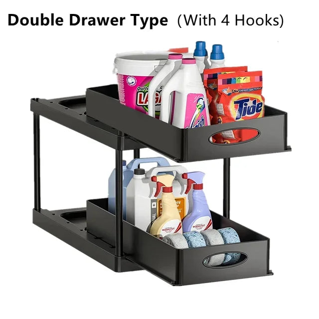 2Packs Under Sink Organizer Sliding Cabinet Basket Organizer Storage Rack with Hooks Hanging Cup Bathroom Kitchen Organizer