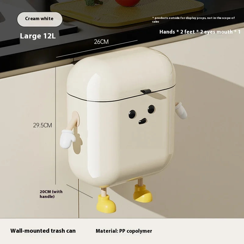 9L/12L Cartoon Hanging Trash Can With Lid Large Capacity No-Drill Wall Mounted Waste Bin Kitchen Bathroom Plastic Includes Hooks