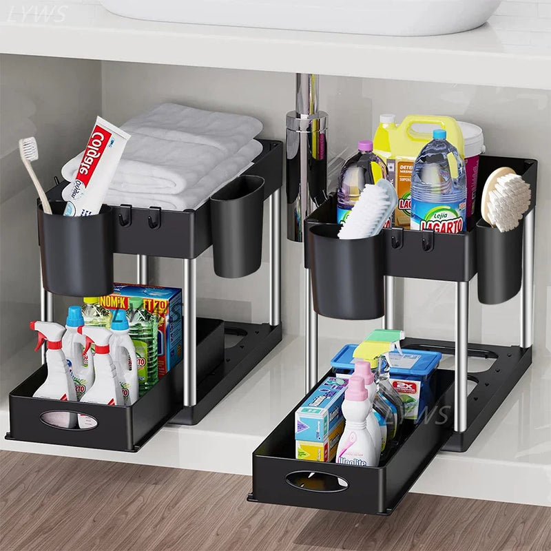 2Packs Under Sink Organizer Sliding Cabinet Basket Organizer Storage Rack with Hooks Hanging Cup Bathroom Kitchen Organizer