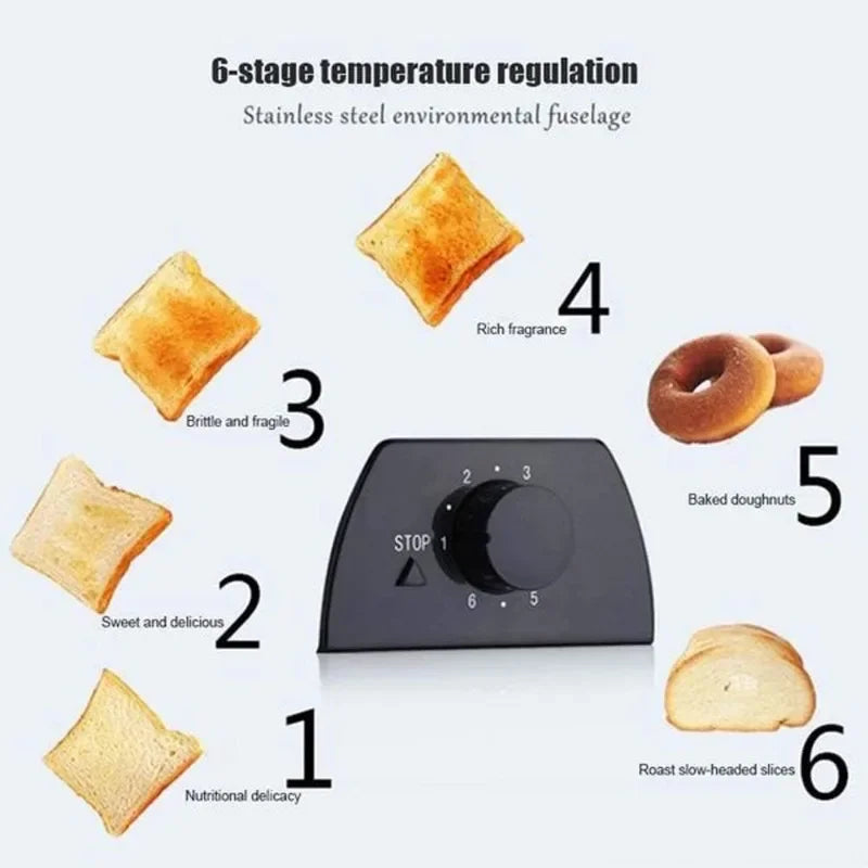 750W Electric 2-Slice Toaster Machine with Removable Crumb Tray, 6-Shade Toast Setting, Compact for Toasting Puff Pastry Waffles