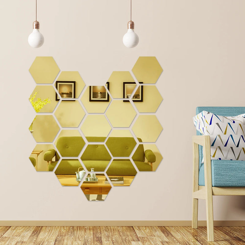 24/6Pc 3D Mini Mirror Wall Stickers Acrylic Self Adhesive Removable Hexagon Wall Decals Living Room Bedroom Art Mirror Ornaments