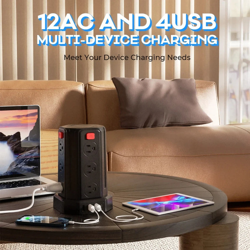 SMALLRT Surge Protector Power Strip Tower with 12 Outlets 4 USB Ports, 10ft Cord Electric Charging Station