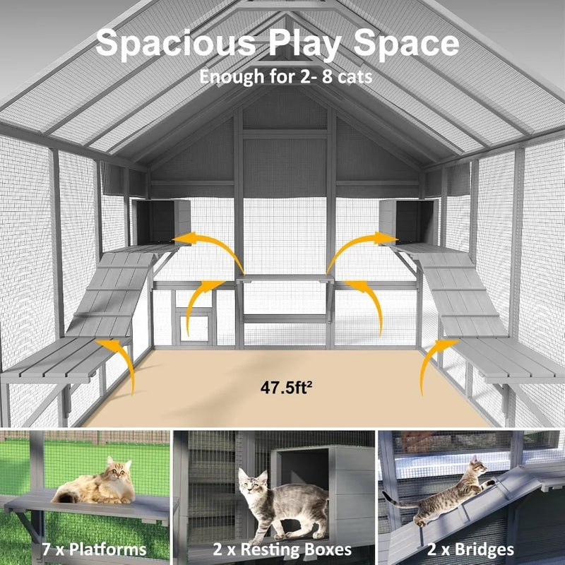 Cat Catio, Large Catio Outdoor Cat Enclosure for Multiple Cats with 7 Platforms, 2 Resting Box and 2 Bridges, Wooden