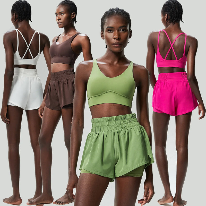 Women Outdoor Running Suit Summer Breathable Quick Dry Short Sportswear Two Pieces Fitness Yoga Set Female Workout Clothes