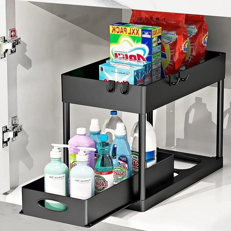 2Packs Under Sink Organizer Sliding Cabinet Basket Organizer Storage Rack with Hooks Hanging Cup Bathroom Kitchen Organizer