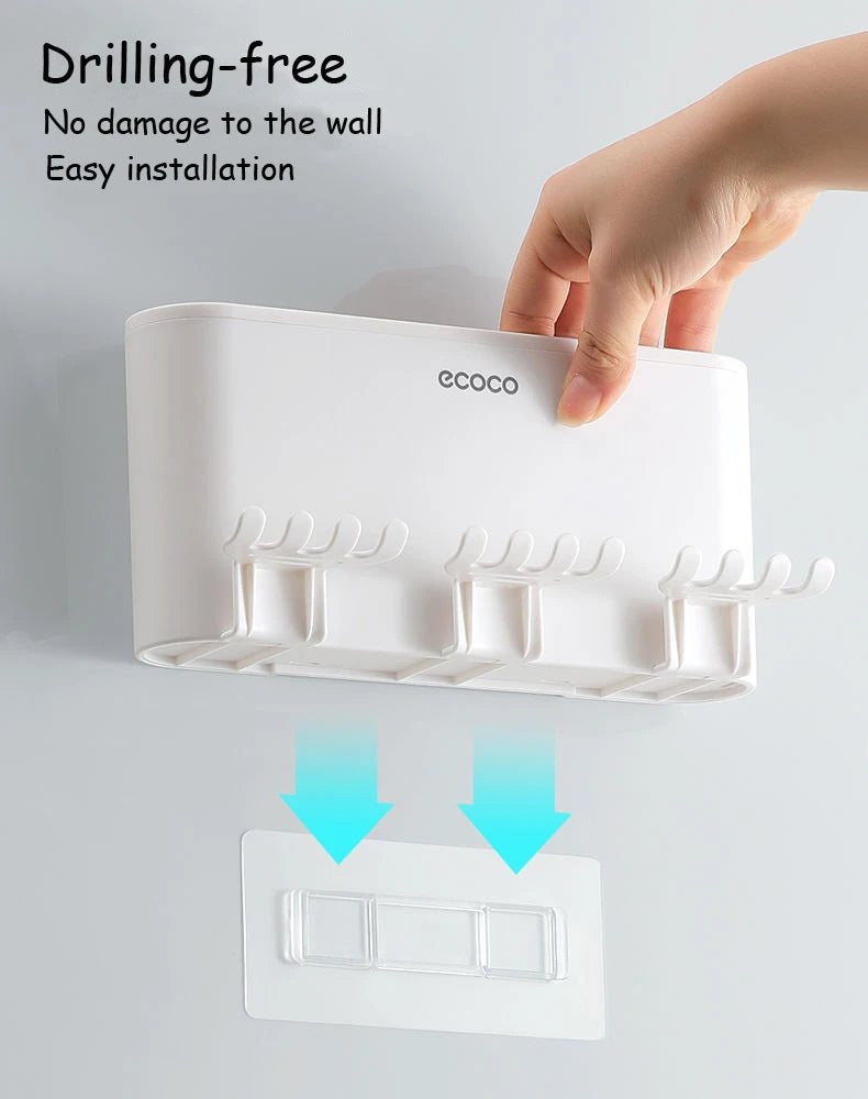 ECOCO Bathroom Toothbrush Holder Organizer with Cup Toothpaste Squeezer Dispenser Wall Storage Rack Bathroom Accessories Shelf