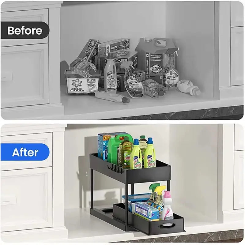 2Packs Under Sink Organizer Sliding Cabinet Basket Organizer Storage Rack with Hooks Hanging Cup Bathroom Kitchen Organizer