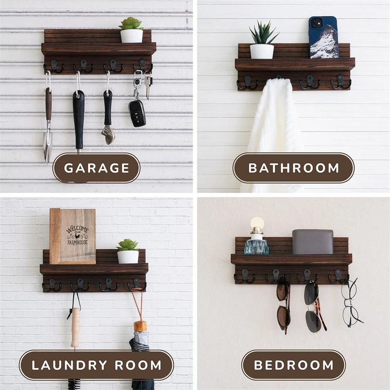 Wooden Key Holder for Entryway Decor Wall Mounted Mail Organizer and Key Hanger with 4 Hooks Rustic Rack for Keys Sunglasses