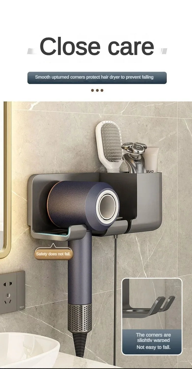 1 Wall Mounted Hair Dryer Bracket Bathroom Shelves Punch-free Drilling Storage Rack Space Saving Care Tools No Punching Air Duct