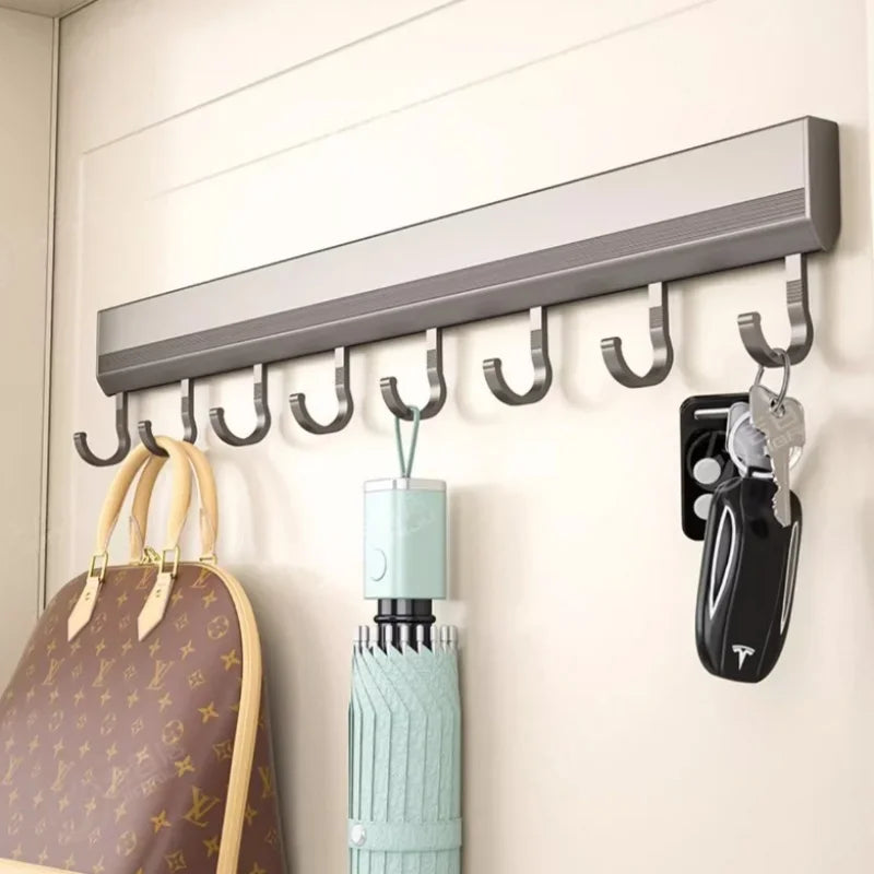 Aluminum Alloy Hooks Rack Wall Mounted Drill-Free Kitchen Utensils Storage Row Hook Holder Bathroom Robe Towel Coat Hangers