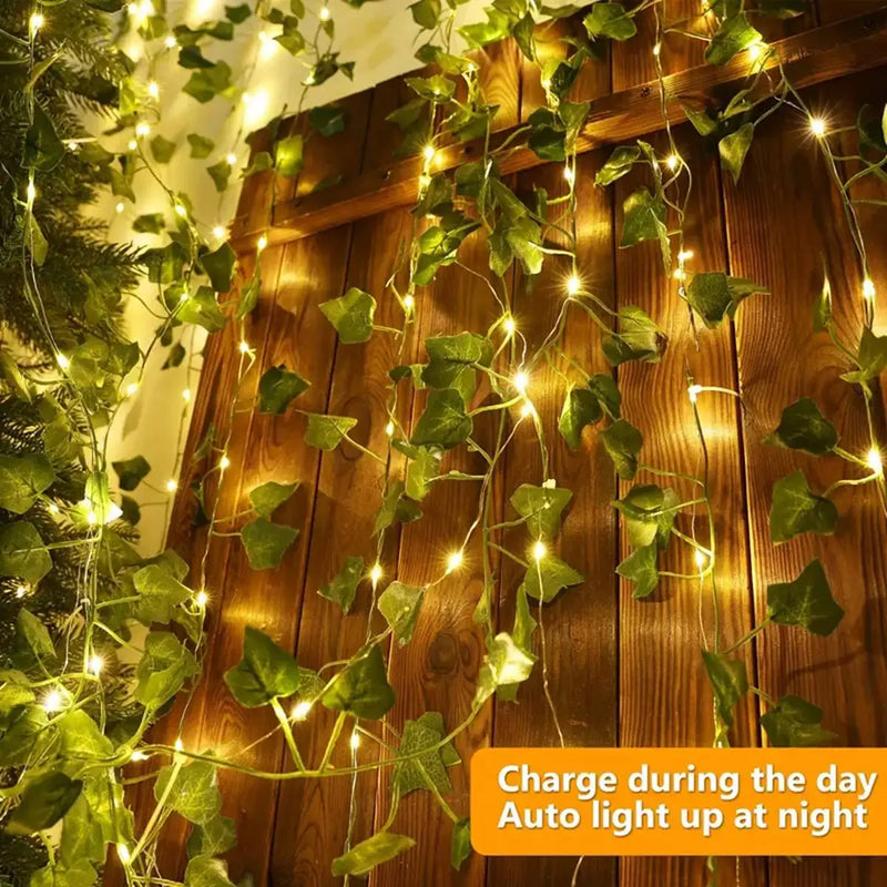 1pc 12M 100 LED Solar Artificial Ivy String Light Garden Street Garland Outdoor Waterproof Fairy Lights For Party Wedding Decor