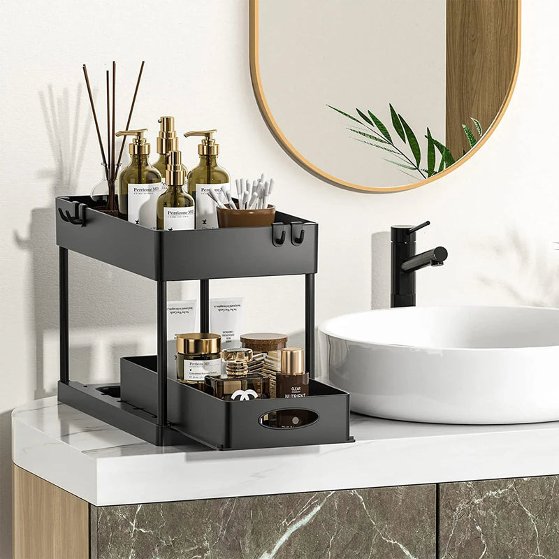 2Packs Under Sink Organizer Sliding Cabinet Basket Organizer Storage Rack with Hooks Hanging Cup Bathroom Kitchen Organizer