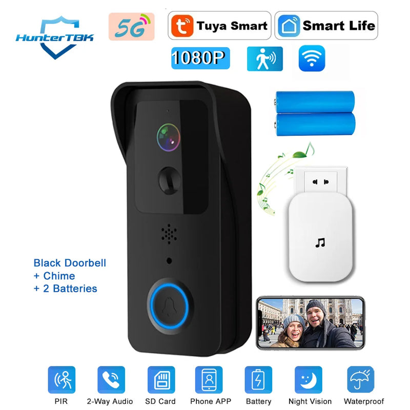 5G 2.4G WiFi Video Doorbell 1080P Tuya Smart Outdoor Wireless Intercom Waterproof Wireless Camera with AC/DC Power Ringing Bell