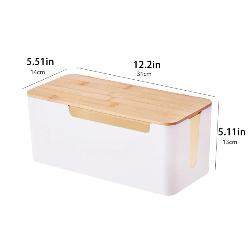 Cable Management Box with Bamboo Lid for Extension Cord Power Stripe Surge Protector Wire Concealer Organizer Cover Hider