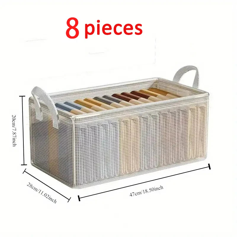 8PCS Storage Box Transparent Foldable Stackable Organizers with Steel Frames and Reinforced Handles for Clothes Books Sundries