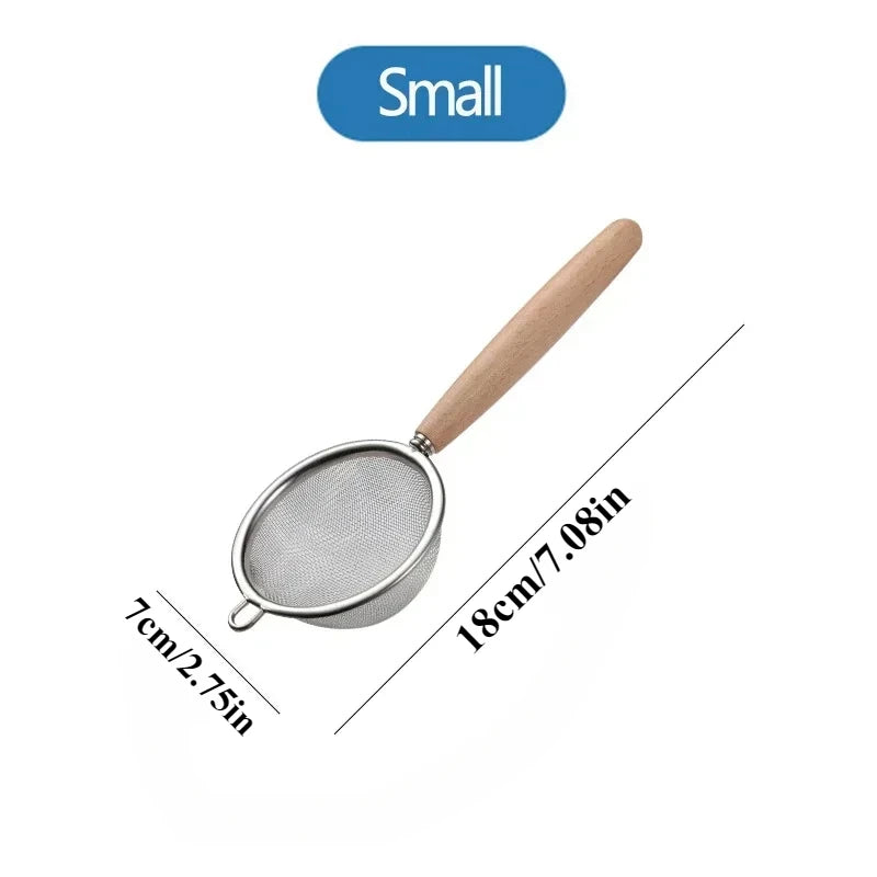 Wooden Handle Stainless Steel Small Colander Fine Mesh Oil Strainer Multi-function Filter Mesh Flour Sifter Kitchen Baking Tools