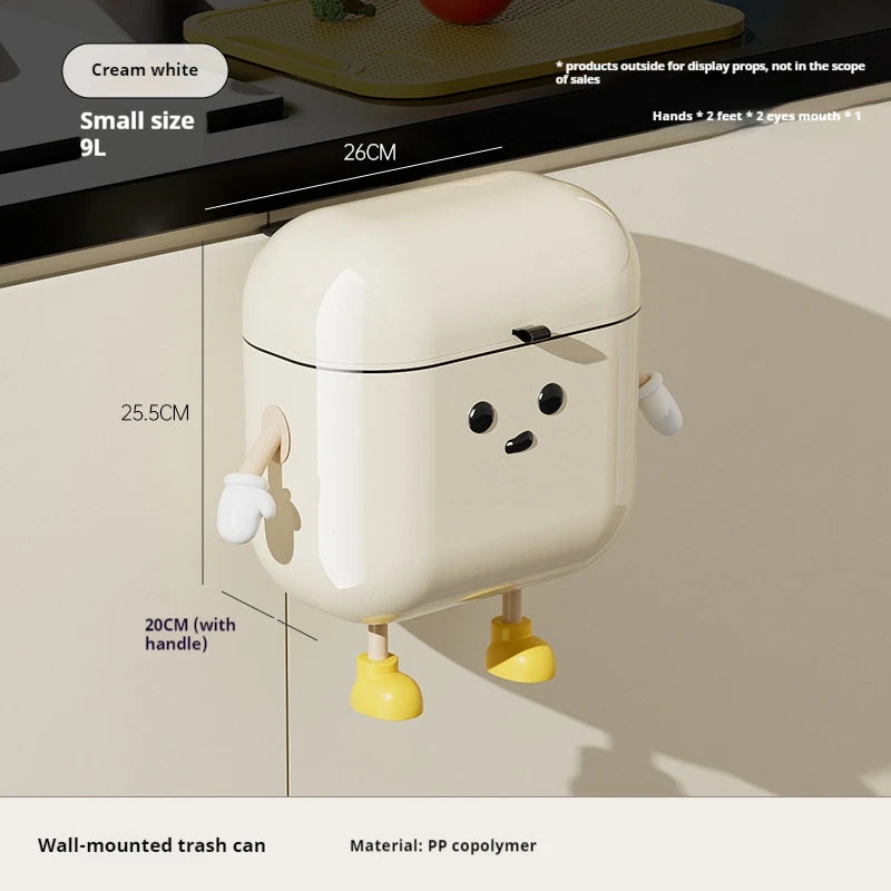 9L/12L Cartoon Hanging Trash Can With Lid Large Capacity No-Drill Wall Mounted Waste Bin Kitchen Bathroom Plastic Includes Hooks