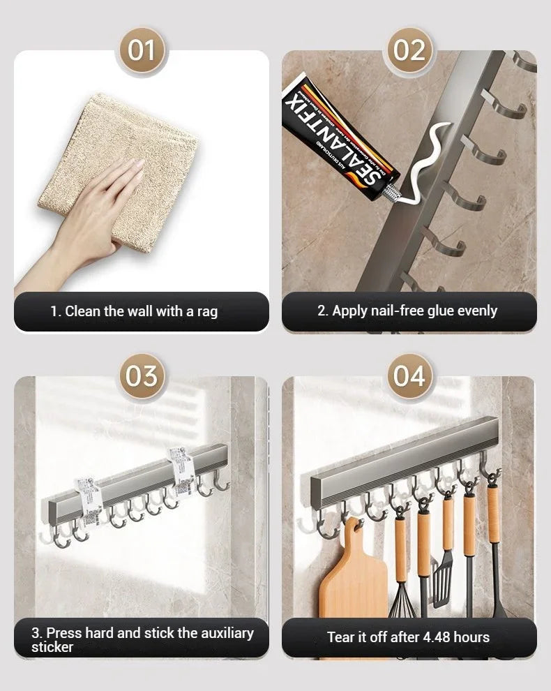 Aluminum Alloy Hooks Rack Wall Mounted Drill-Free Kitchen Utensils Storage Row Hook Holder Bathroom Robe Towel Coat Hangers