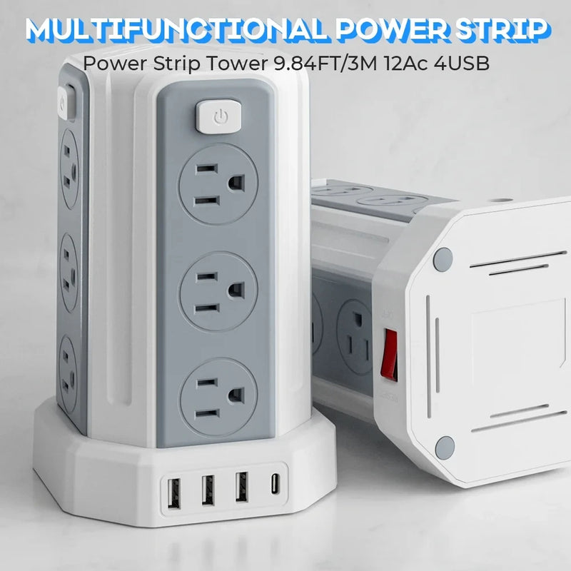 SMALLRT Surge Protector Power Strip Tower with 12 Outlets 4 USB Ports, 10ft Cord Electric Charging Station