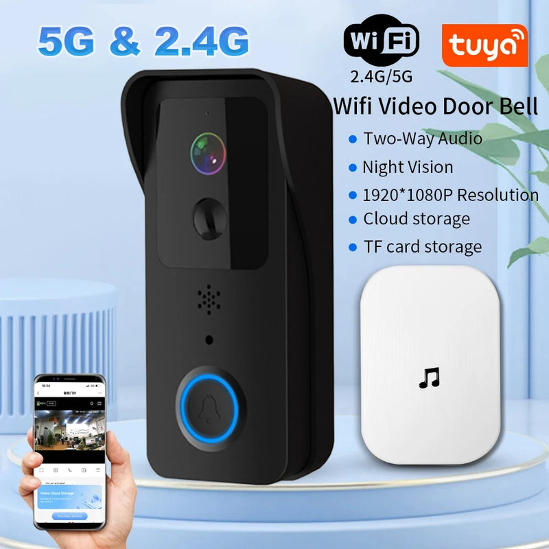 5G 2.4G WiFi Video Doorbell 1080P Tuya Smart Outdoor Wireless Intercom Waterproof Wireless Camera with AC/DC Power Ringing Bell