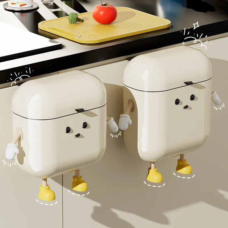 9L/12L Cartoon Hanging Trash Can With Lid Large Capacity No-Drill Wall Mounted Waste Bin Kitchen Bathroom Plastic Includes Hooks