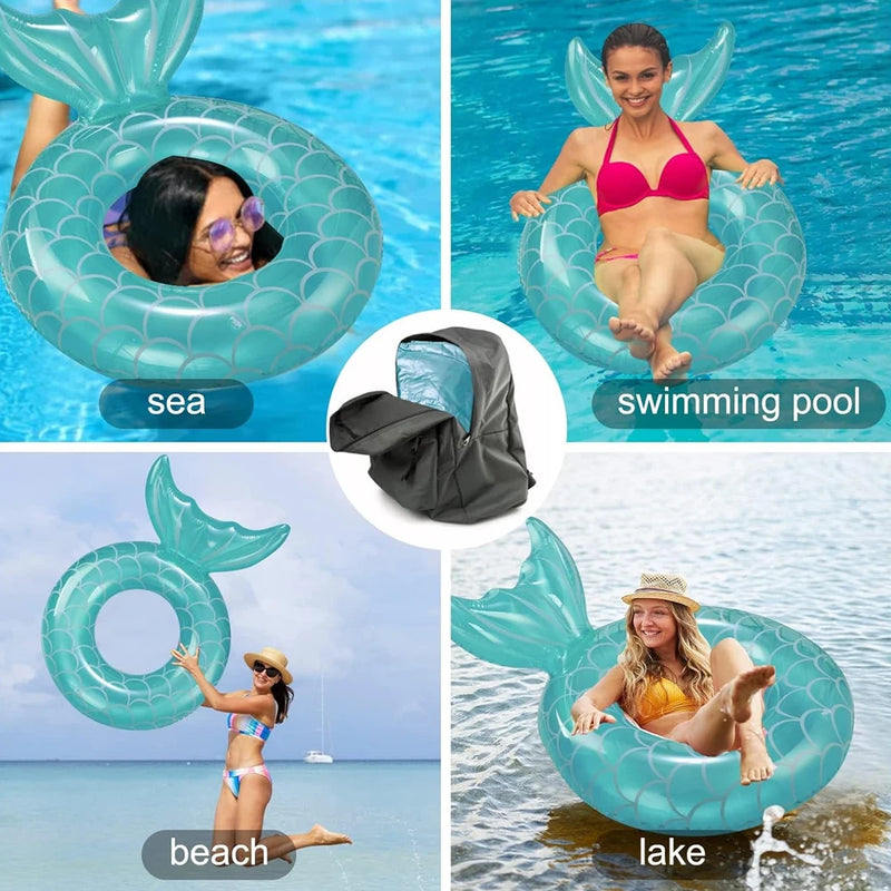 1pc Inflatable Mermaid Swim Ring Fishtail Backrest Transparent Adult Swimming Ring