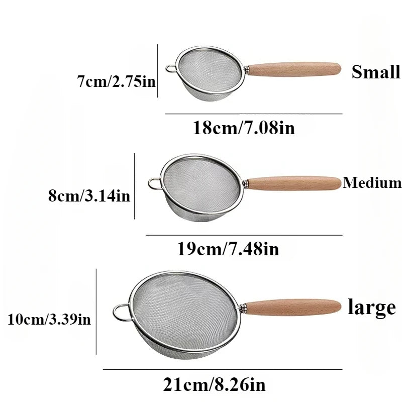 Wooden Handle Stainless Steel Small Colander Fine Mesh Oil Strainer Multi-function Filter Mesh Flour Sifter Kitchen Baking Tools
