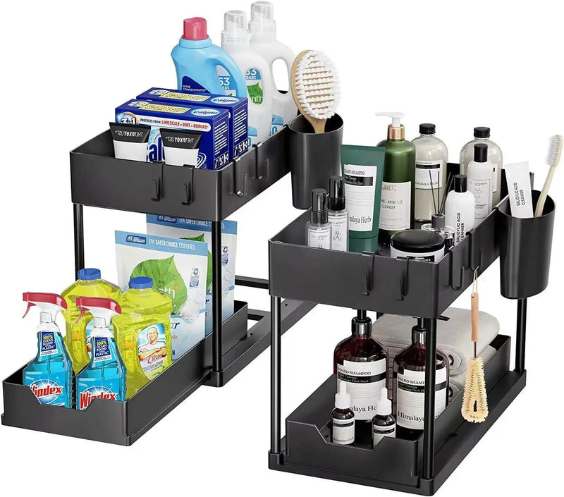 2Packs Under Sink Organizer Sliding Cabinet Basket Organizer Storage Rack with Hooks Hanging Cup Bathroom Kitchen Organizer
