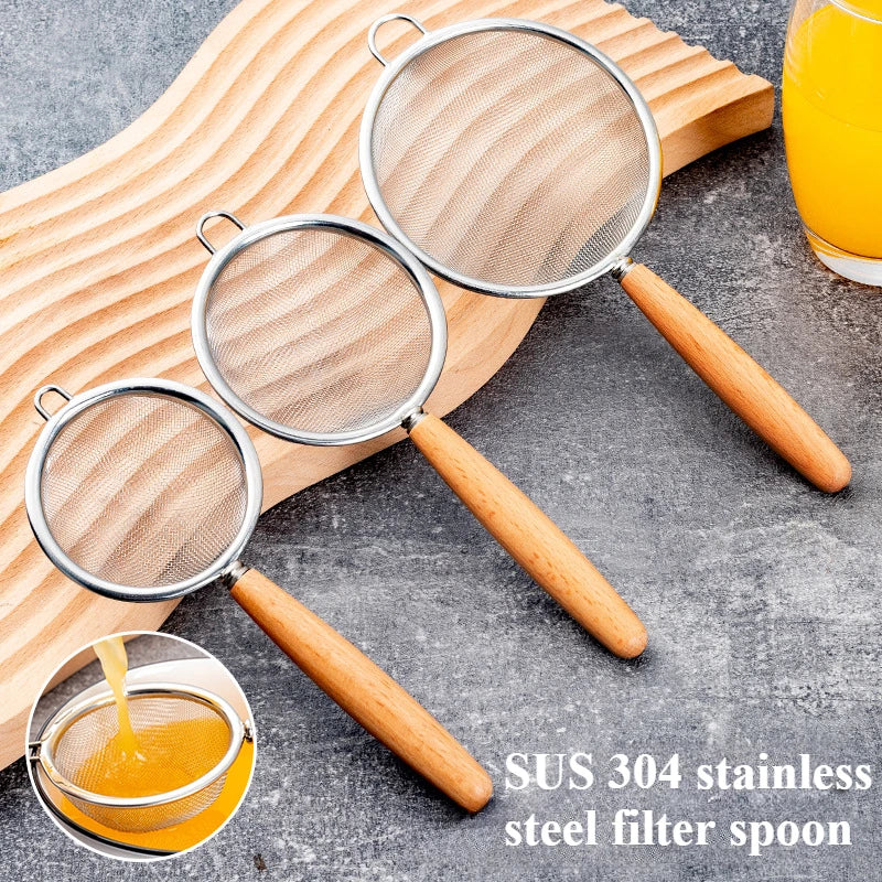Wooden Handle Stainless Steel Small Colander Fine Mesh Oil Strainer Multi-function Filter Mesh Flour Sifter Kitchen Baking Tools