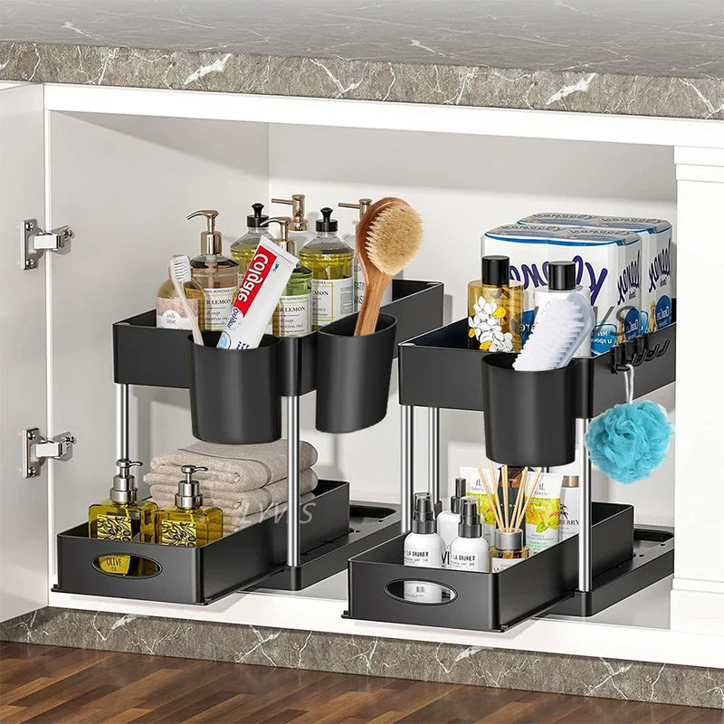 2Packs Under Sink Organizer Sliding Cabinet Basket Organizer Storage Rack with Hooks Hanging Cup Bathroom Kitchen Organizer