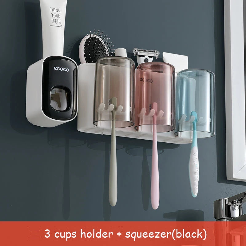 ECOCO Bathroom Toothbrush Holder Organizer with Cup Toothpaste Squeezer Dispenser Wall Storage Rack Bathroom Accessories Shelf
