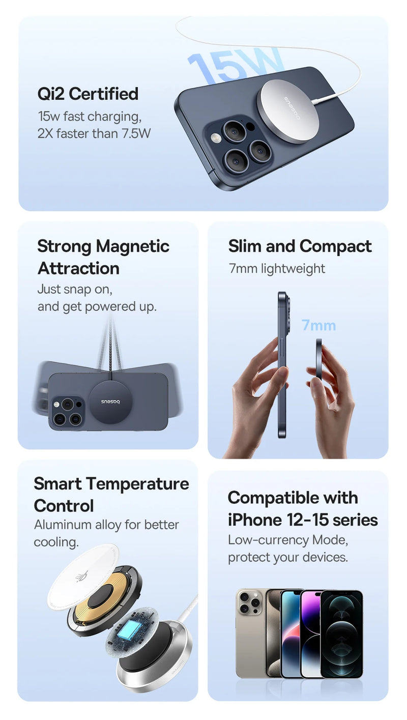 Baseus 15W Qi2 Magnetic Wireless Charger Fast Charging For iPhone 15 14 13 12 Series Pro Max  Wireless Charging For Airpods